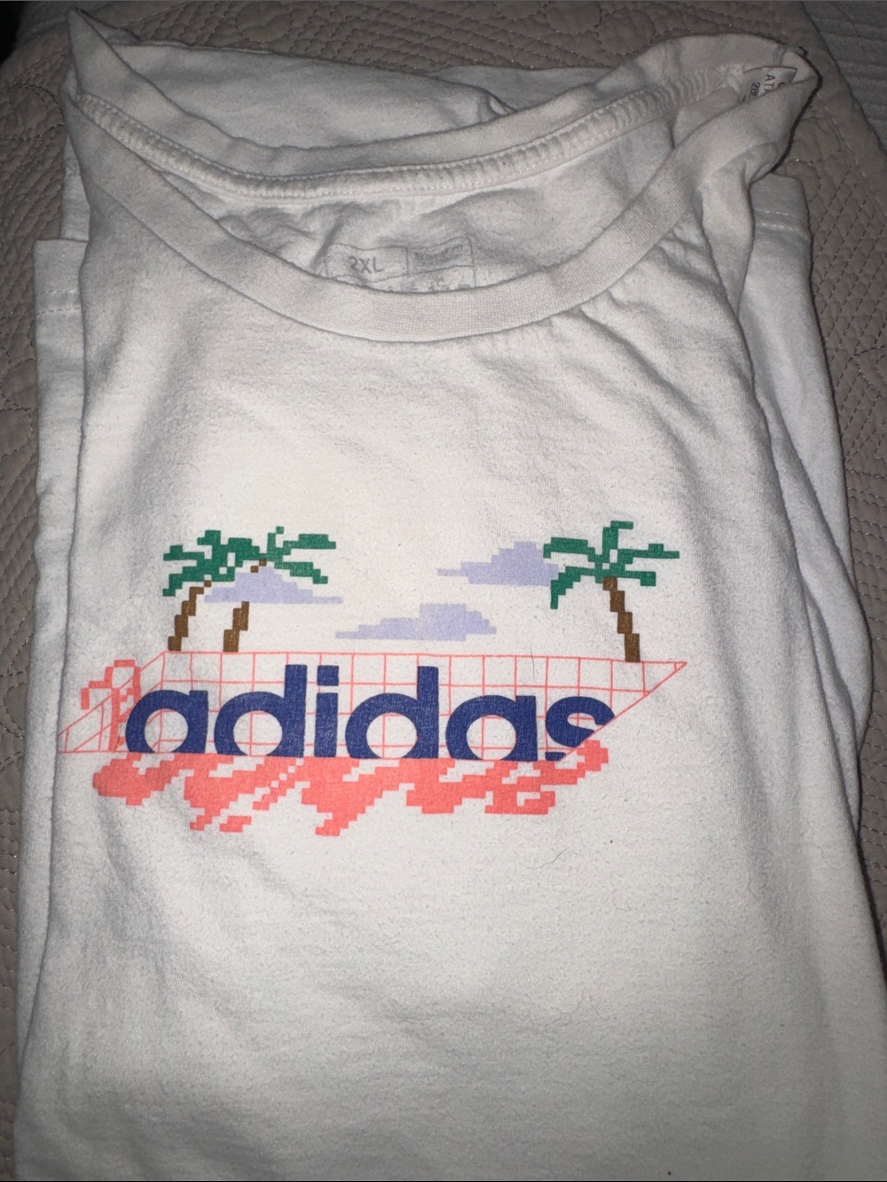 adidas White Tee with Blue Logo and Coral Pixel Graphic